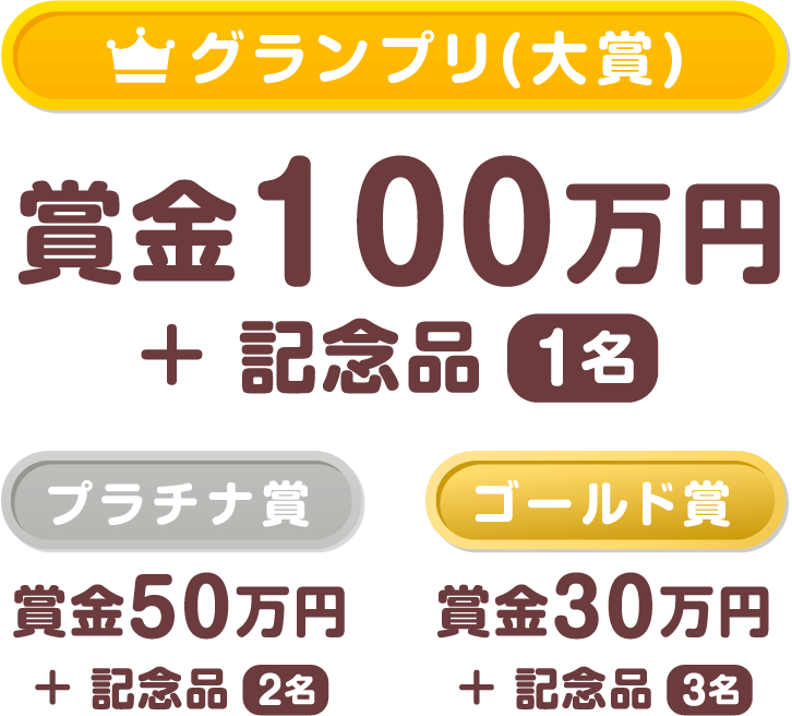 グランプリ(大賞) 賞金100万円 + 記念品 1名、プラチナ賞 賞金50万円 + 記念品 2名、ゴールド賞 賞金30万円 + 記念品 3名