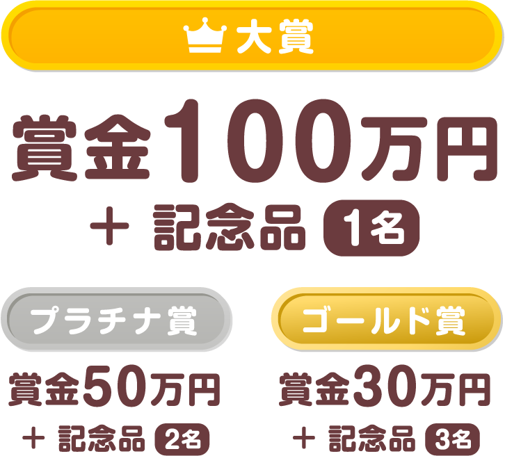 大賞 賞金100万円 + 記念品 1名、プラチナ賞 賞金50万円 + 記念品 2名、ゴールド賞 賞金30万円 + 記念品 3名